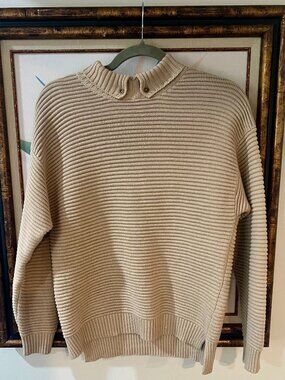ABLE Beige Ribbed Mock Neck Sweater Women’s XXS Oatmeal Button Collar Knit